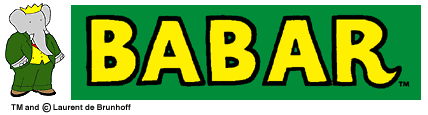BaBar Logo, which includes a cartoon elephant dressed in green and yellow and wearing a crown