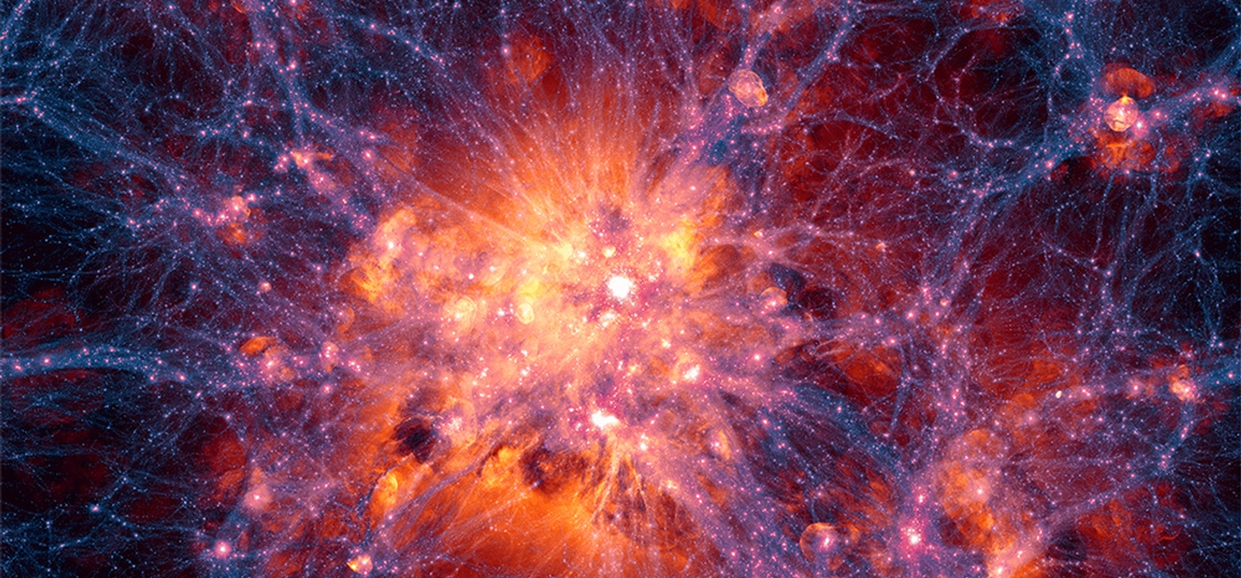 Visualization of a galaxy showing gas in blue surrounding dark matter structures in orange and white