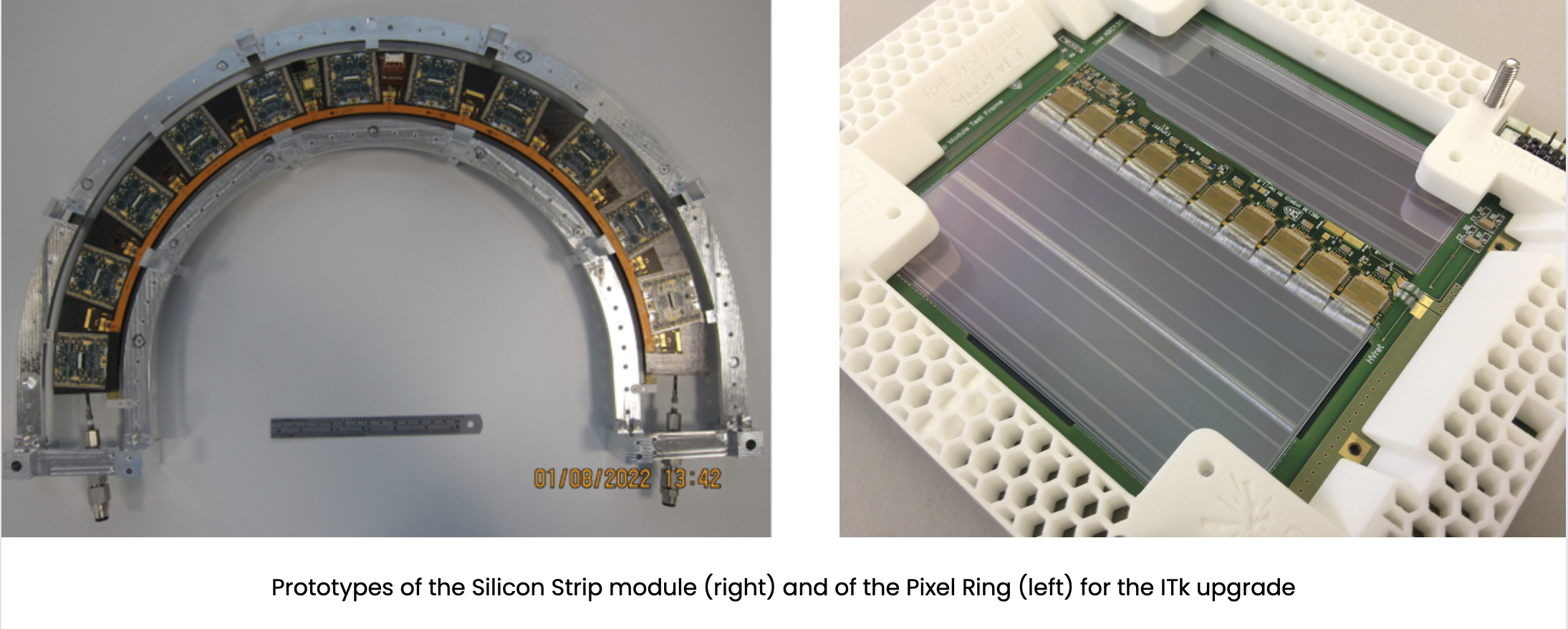 Prototypes of the Pixel Ring (left) and the Silicon Strip Module (right) for the ITk upgrade