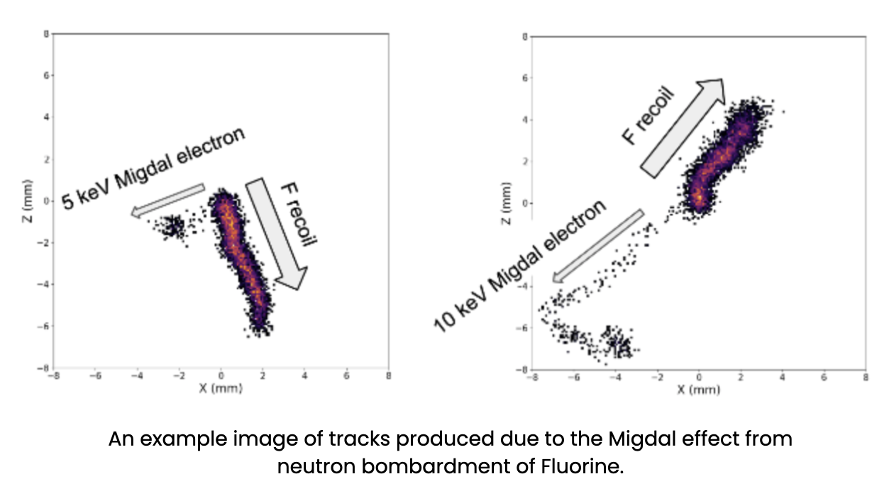 Example plots of tracks produced due to the Migdal effect from neutron bombardment of fluorine